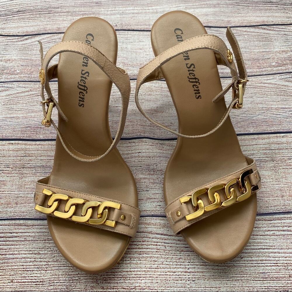 Carmen Steffens Designer Tan Leather Sandal 3.75" High Heels Women's size 9
